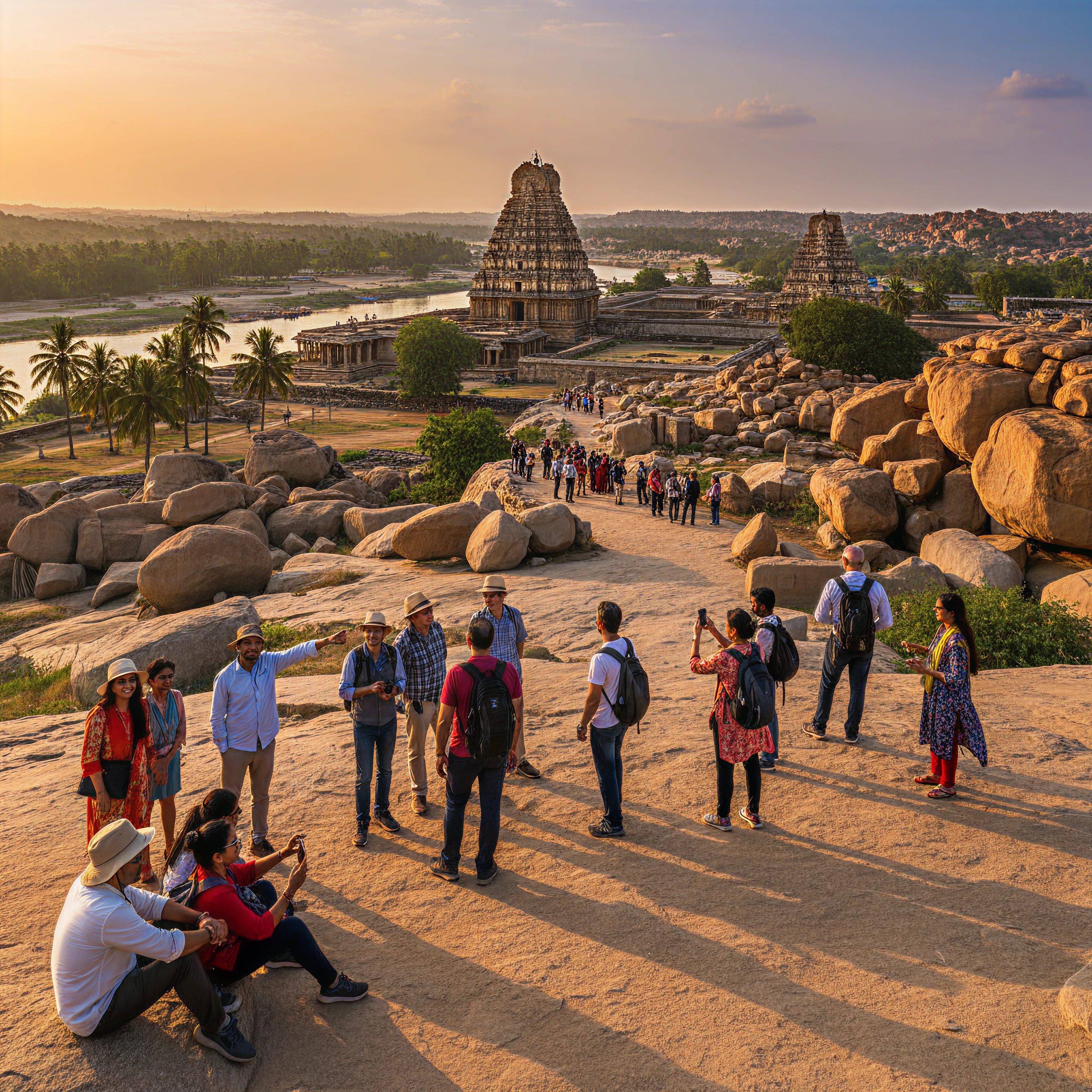 Tourists viewing the temple ruins in Hampi, Karnataka